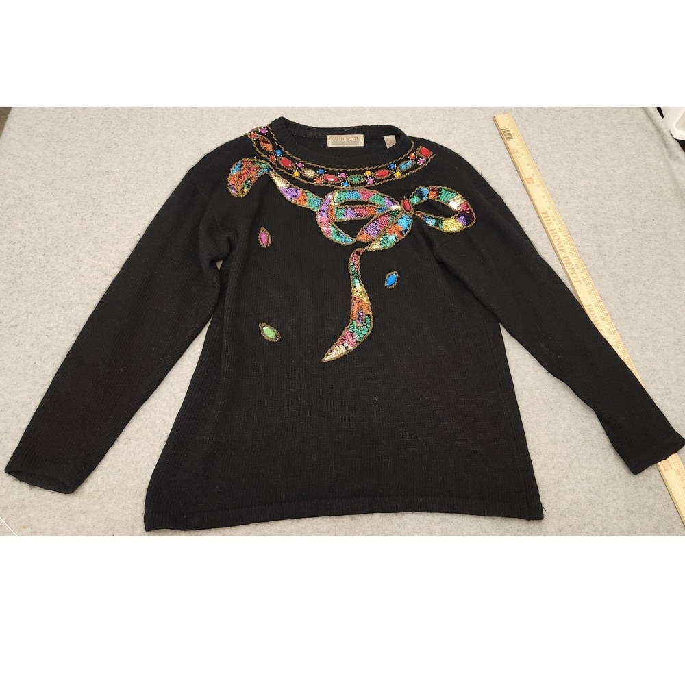 Karen Scott Christmas Sweater Wms M Black Angora Sequin Beaded Bow Jewel